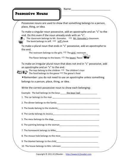Possessive Pronouns Worksheet 2nd Grade Possessive Nouns