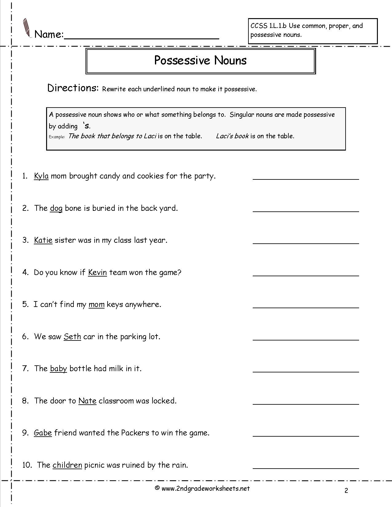 Possessive Pronouns Worksheet 2nd Grade Second Grade Possessive Nouns Worksheets