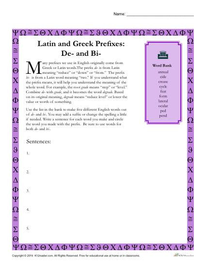 Prefix Worksheet 4th Grade Greek and Latin Prefixes De and Bi
