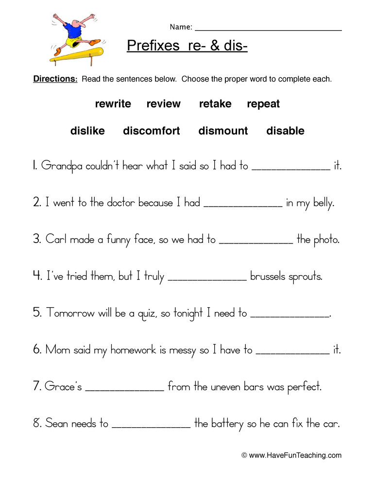 Prefix Worksheets 4th Grade Re and Dis Prefixes Worksheet