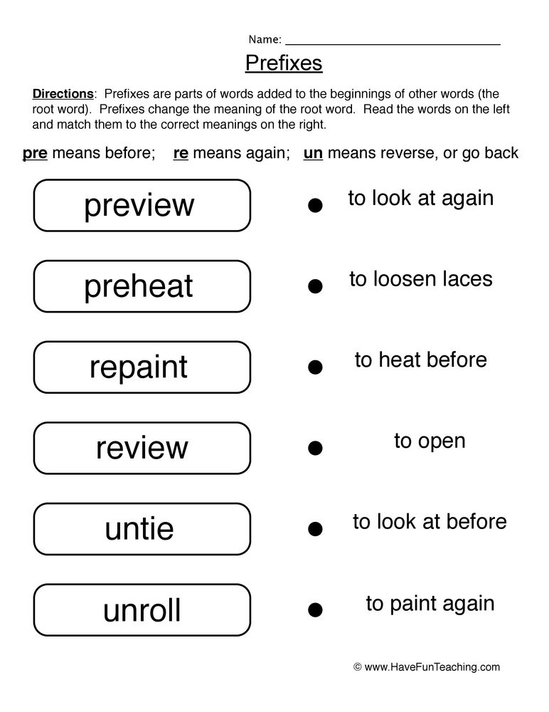 Prefixes Worksheets 4th Grade Matching Prefixes Worksheet