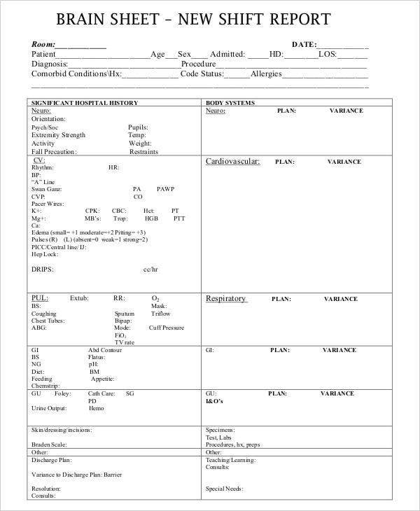 Printable Nurse Report Sheets 13 Nursing Report Templates Free Sample Example format