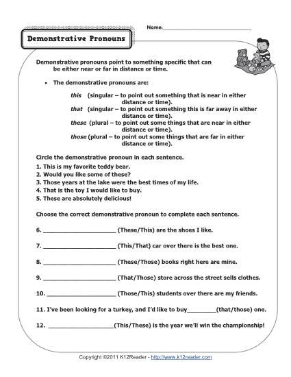 Pronoun Worksheets 2nd Grade Demonstrative Pronouns