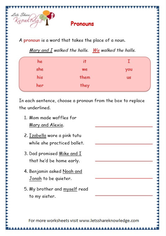 Pronoun Worksheets 2nd Grade Pronoun Worksheets for Grade 2 Worksheets whole Numbers and