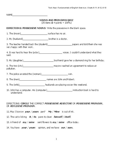 Pronoun Worksheets 6th Grade Nouns and Pronouns Quiz Worksheet for 6th 9th Grade
