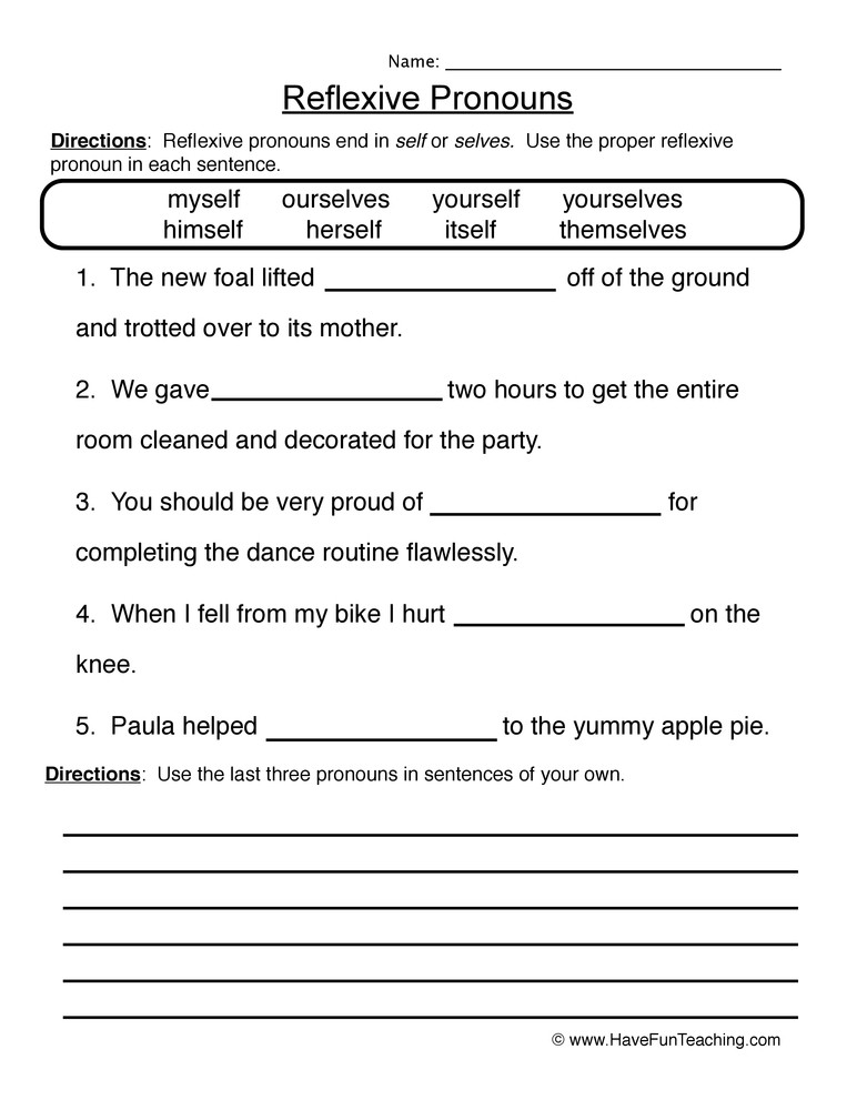 Pronoun Worksheets 6th Grade Reflexive Pronouns Worksheet