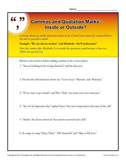 Quotation Worksheets 4th Grade Mas and Quotation Marks Inside or Outside