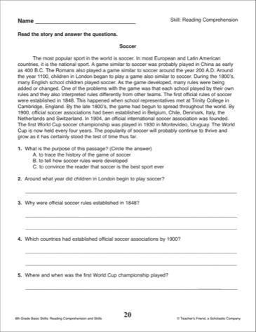 Reading Comprehension Worksheets 6th Grade soccer Reading Passage and Prehension Questions 6th