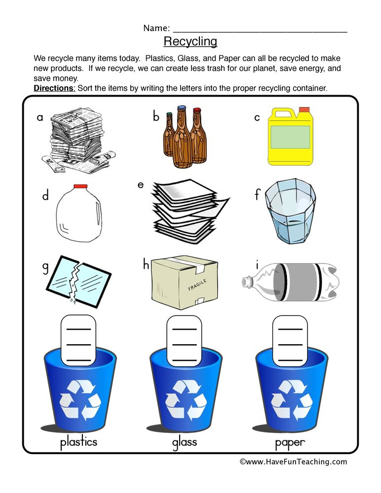 Recycling Worksheets for Preschoolers Recycling sort Worksheet
