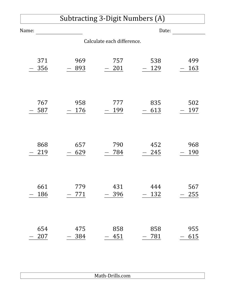 Regrouping Subtraction Worksheets 3rd Grade 3 Digit Minus 3 Digit Subtraction A