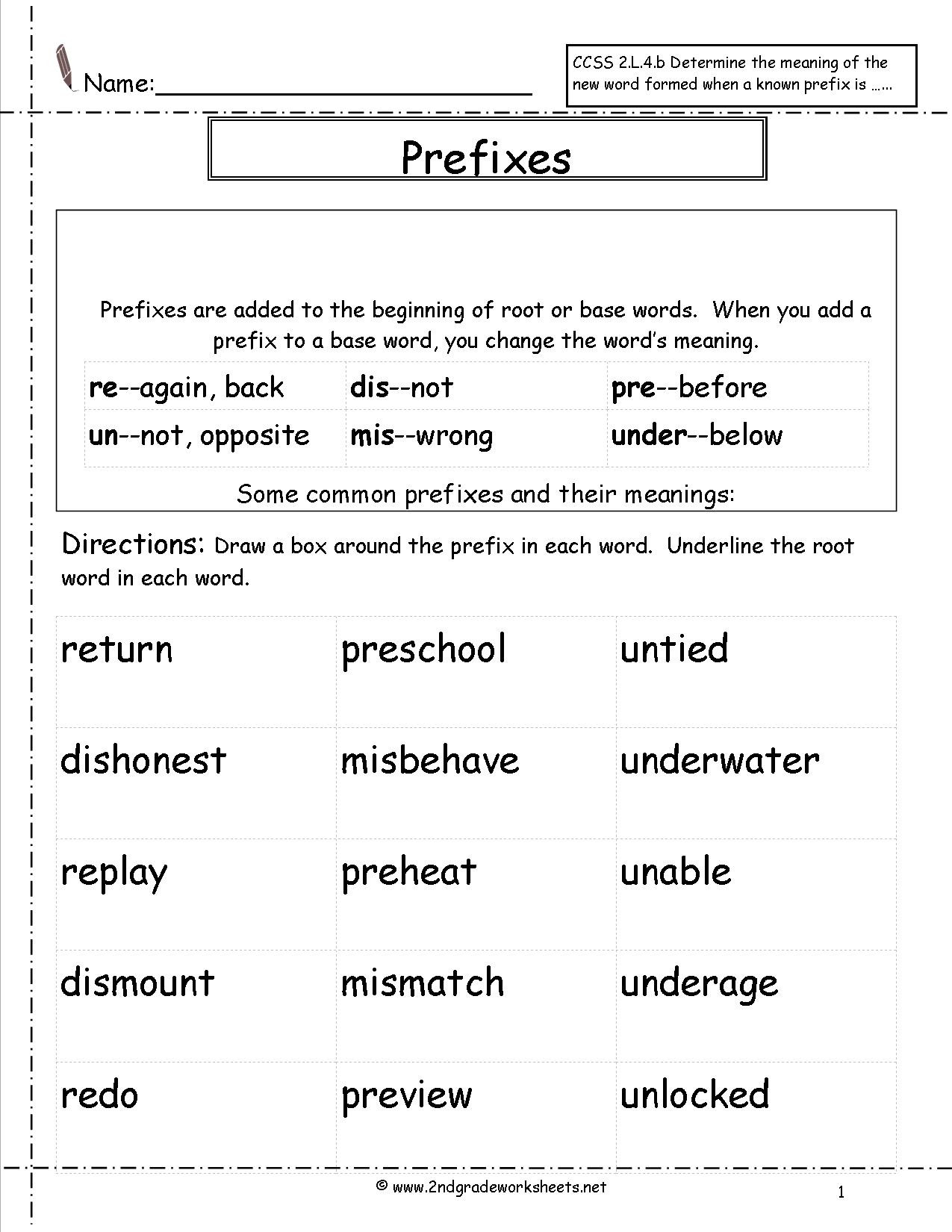 Root Words Worksheet 2nd Grade Second Grade Prefixes Worksheets