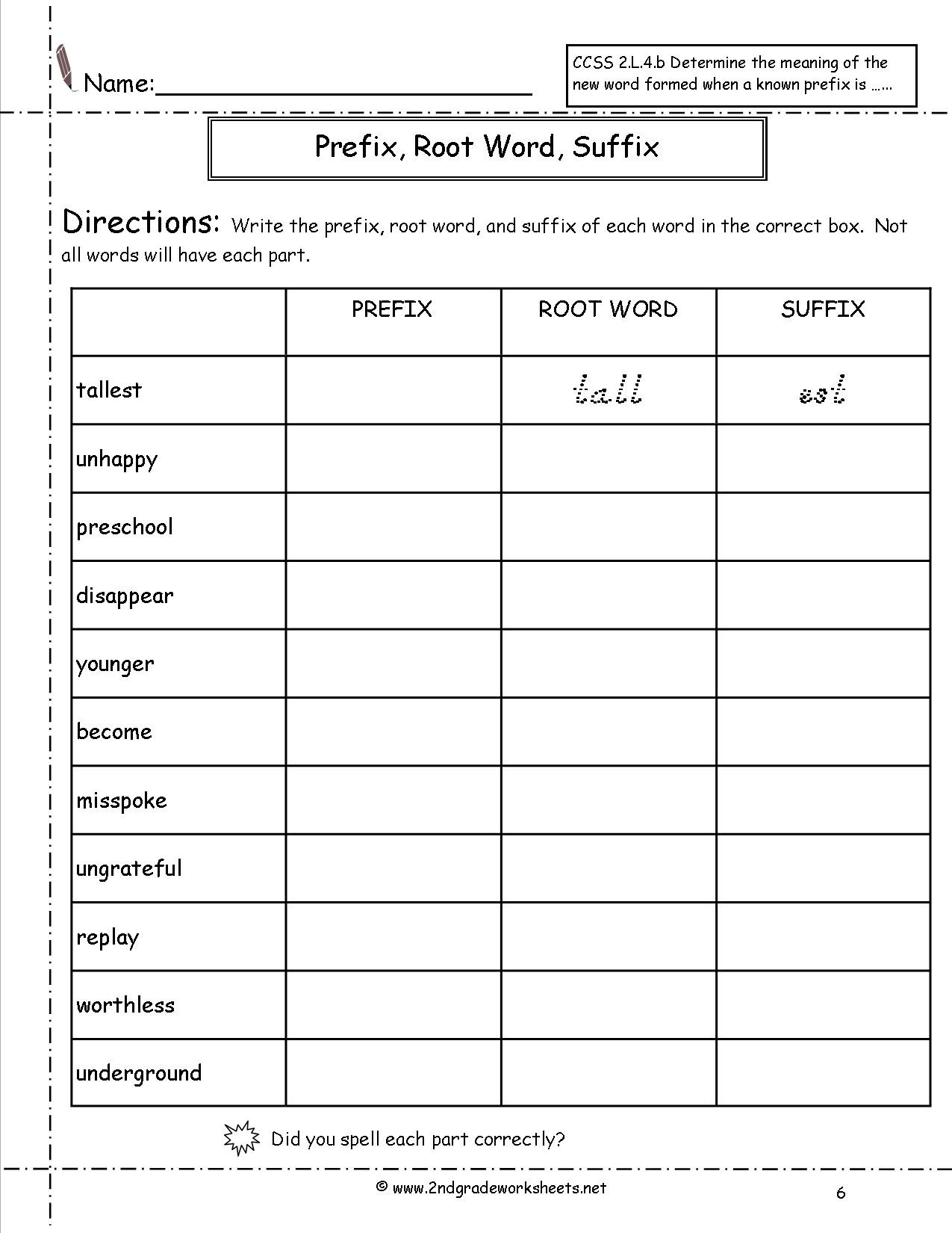 Root Words Worksheet 2nd Grade Second Grade Prefixes Worksheets Roots and Suffixes