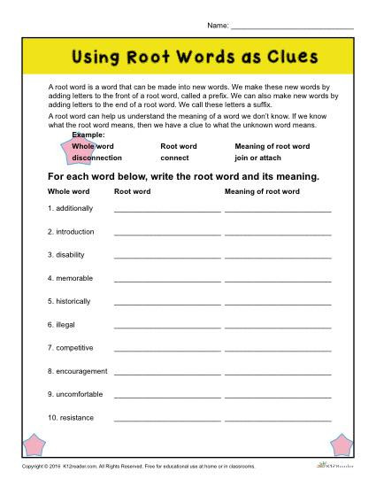 Root Words Worksheet 2nd Grade Using Root Words as Clues