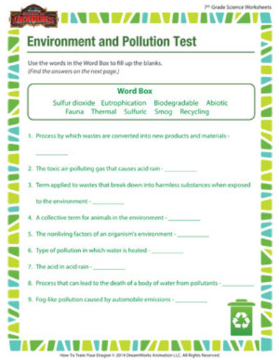 Science Worksheets 7th Grade Environment and Pollution 7th Grade Science Worksheet
