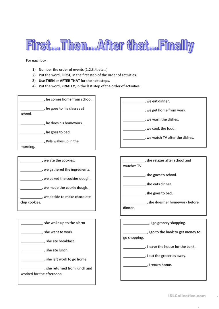 Sequence Worksheets 3rd Grade First then after that Finally English Esl Worksheets