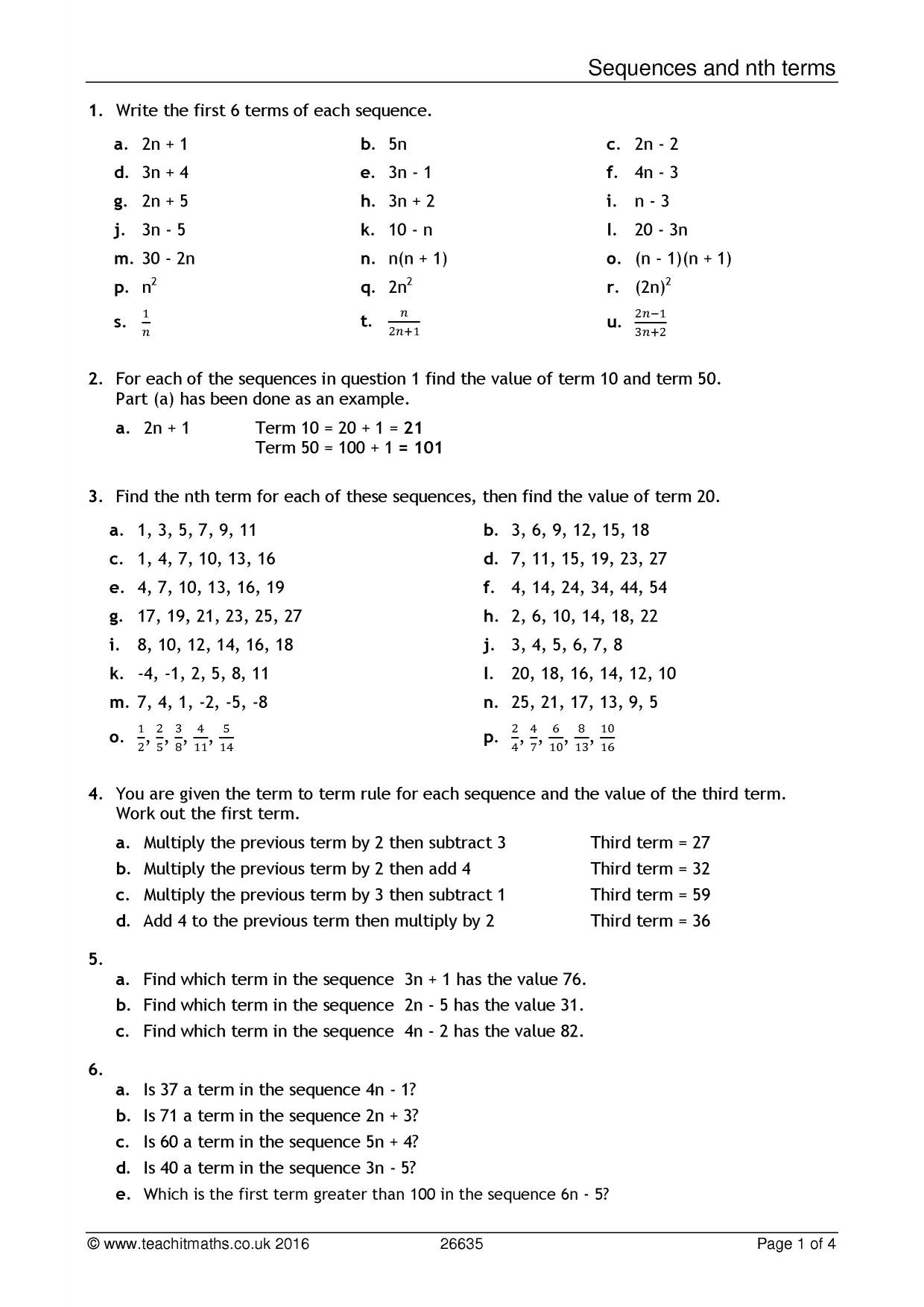 Sequence Worksheets 3rd Grade Sequences and Nth Terms Worksheet [pdf] Teachit Maths
