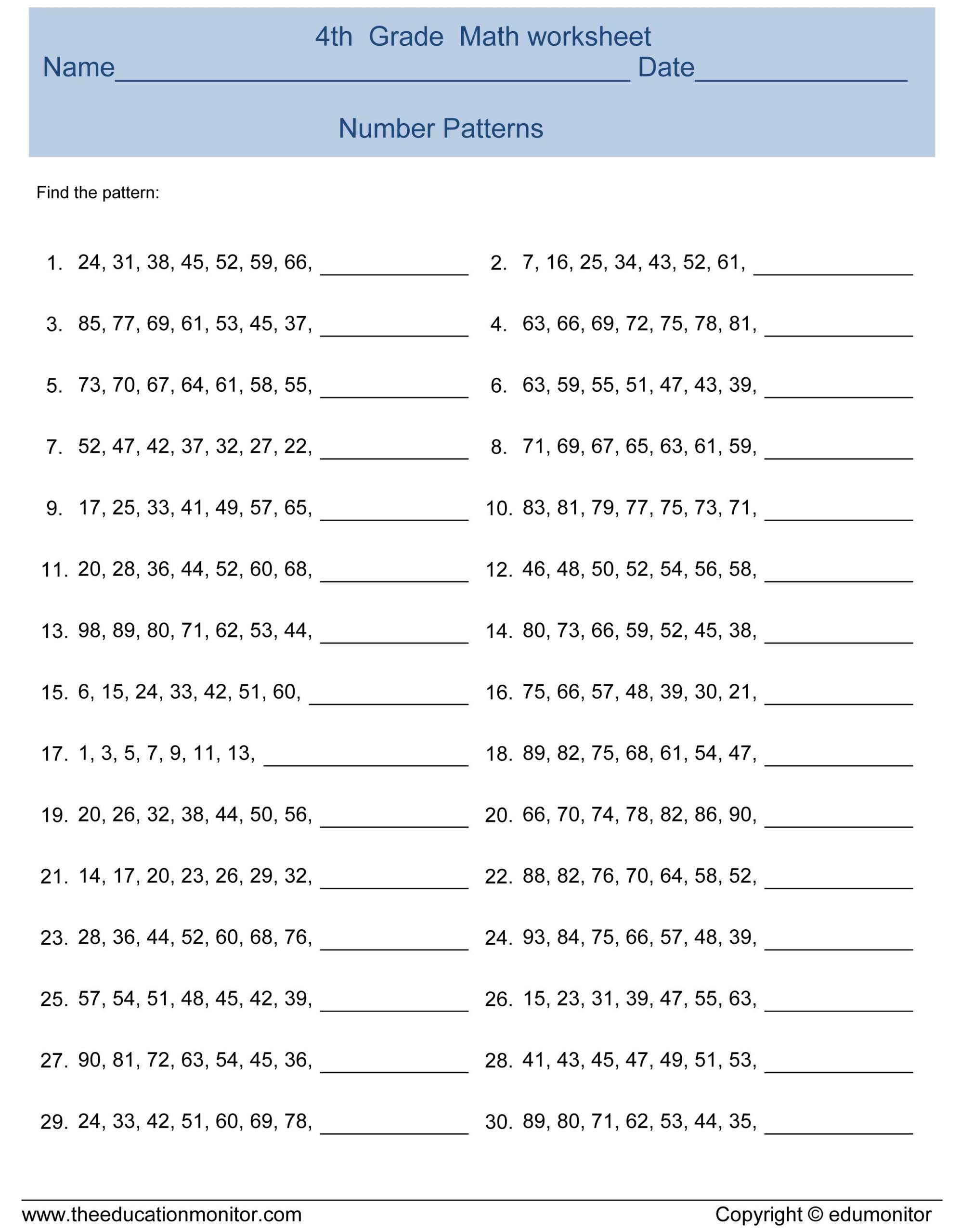 Sequence Worksheets 4th Grade Number Sequence Worksheets 4th Grade