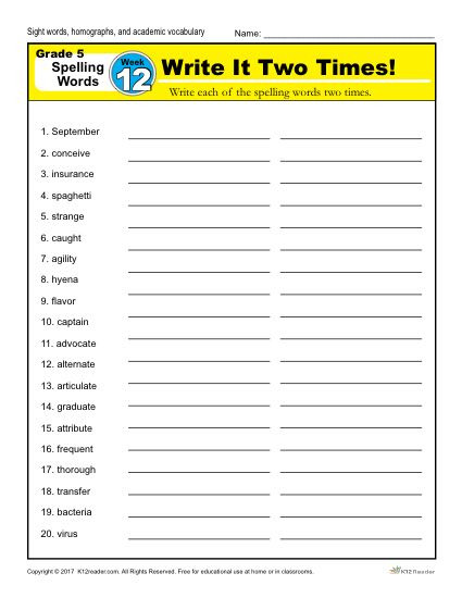 Sequence Worksheets 5th Grade Fifth Grade Spelling Words Week K12reader 5th Worksheets