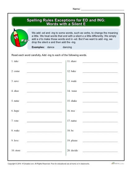 Silent E Worksheets Grade 2 Spelling Rules Exceptions for Ed and Ing Words with A Silent E