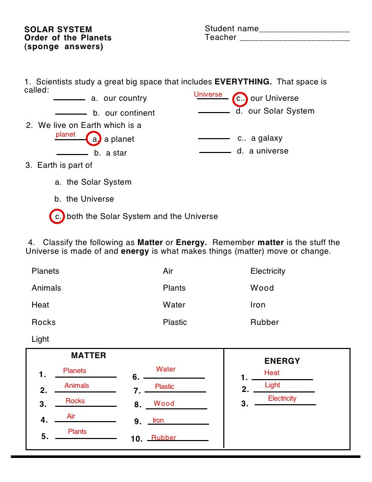 Solar System Worksheets 5th Grade order Of Planets Worksheet Answers