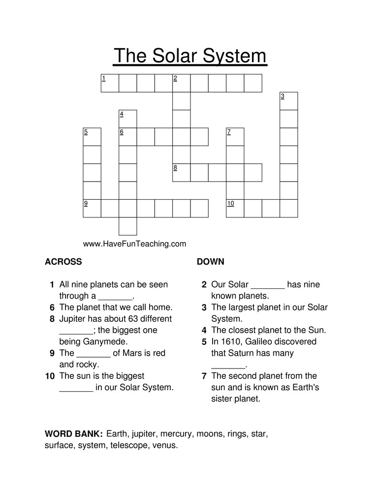 Solar System Worksheets 5th Grade solar System Crossword Puzzle