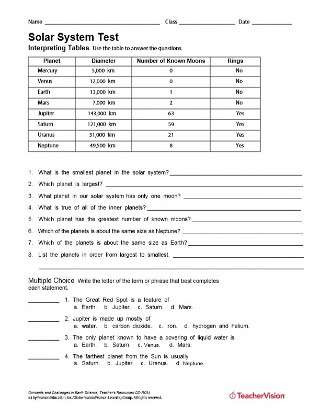 Solar System Worksheets 5th Grade solar System Test Space Science Printable 6th 12th Grade