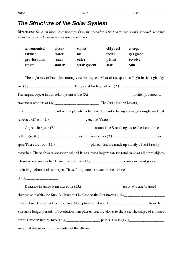 Solar System Worksheets 5th Grade the Structure Of the solar System Worksheet 2