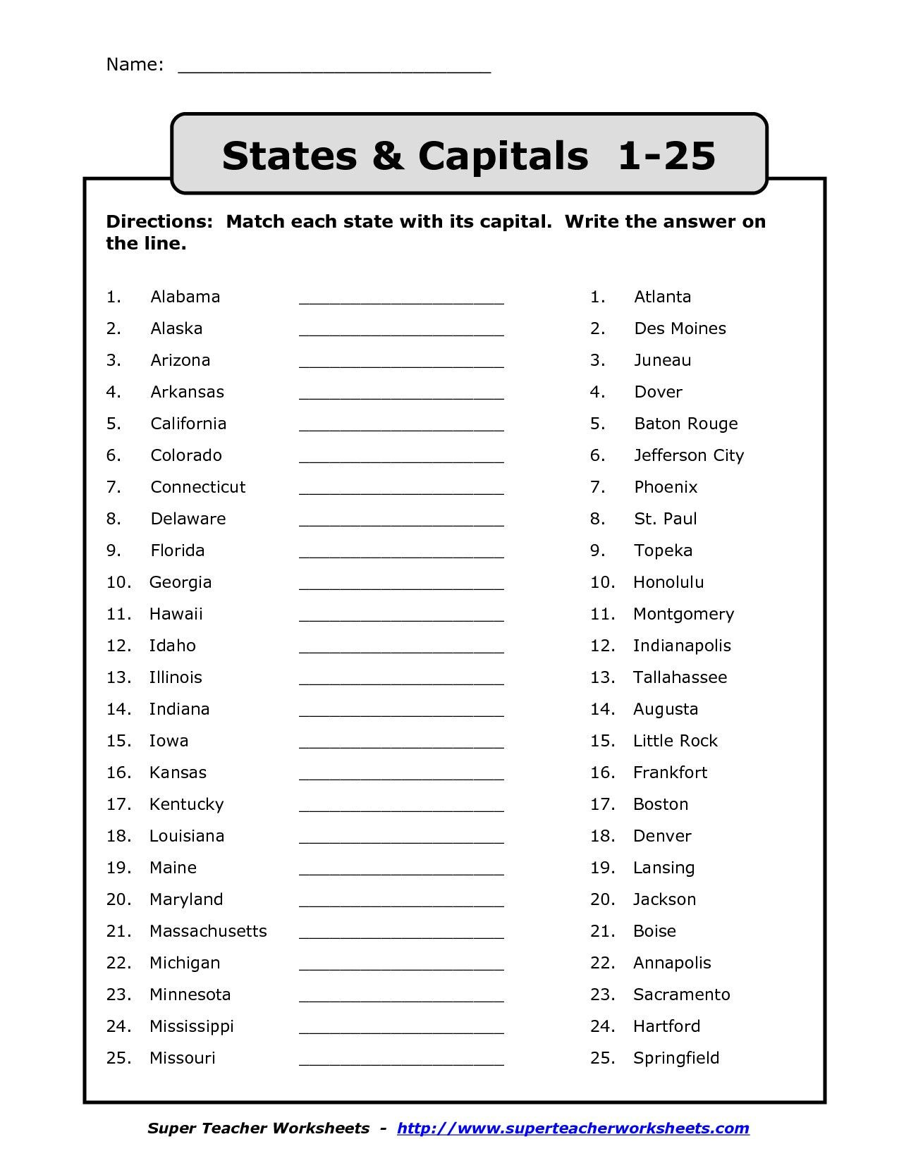 State and Capital Quiz Printable Us State Map Quiz Printable Us Capitals Map Quiz Printable