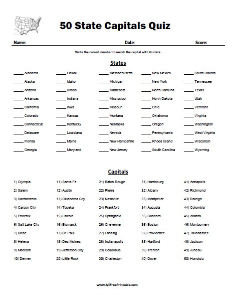 States and Capitals Quiz Printable 50 State Capitals Quiz Free Printable Allfreeprintable