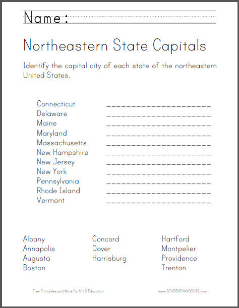 States and Capitals Quiz Printable northeastern States Map Quiz Printout Answers States and