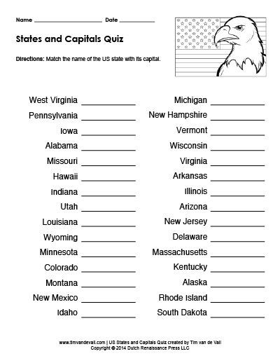 States and Capitals Quiz Printable Printable Us States and Capitals Quiz