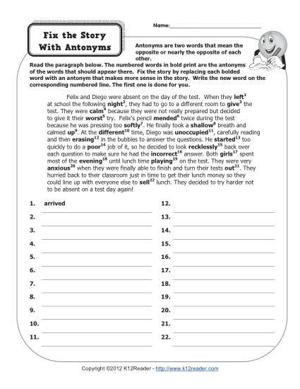 Story Elements Worksheet 2nd Grade Fix the with Antonyms 4th Grade Antonym Worksheets Reading