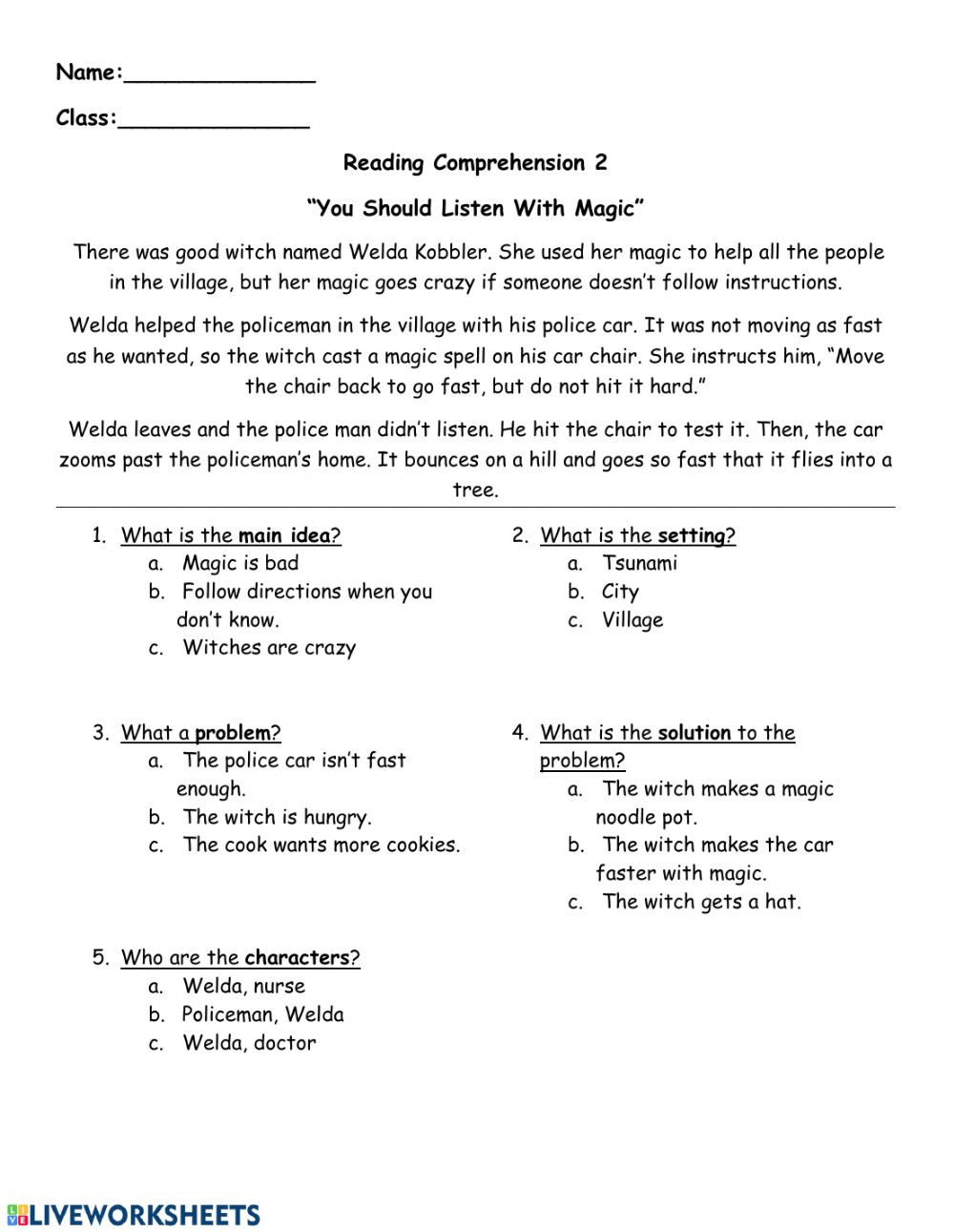 Story Elements Worksheets 2nd Grade Reading Prehension Follow Directions Interactive