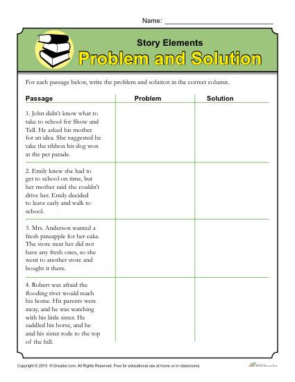 Story Elements Worksheets 2nd Grade Story Elements Worksheet Problem and solution