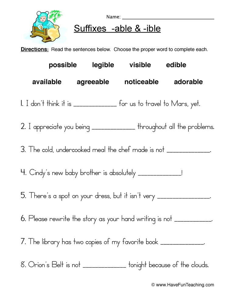 Suffix Worksheets 4th Grade Suffix Able and Ible Worksheet
