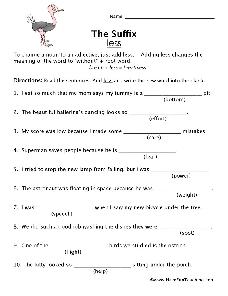 Suffix Worksheets for 4th Grade Suffix Less Worksheet