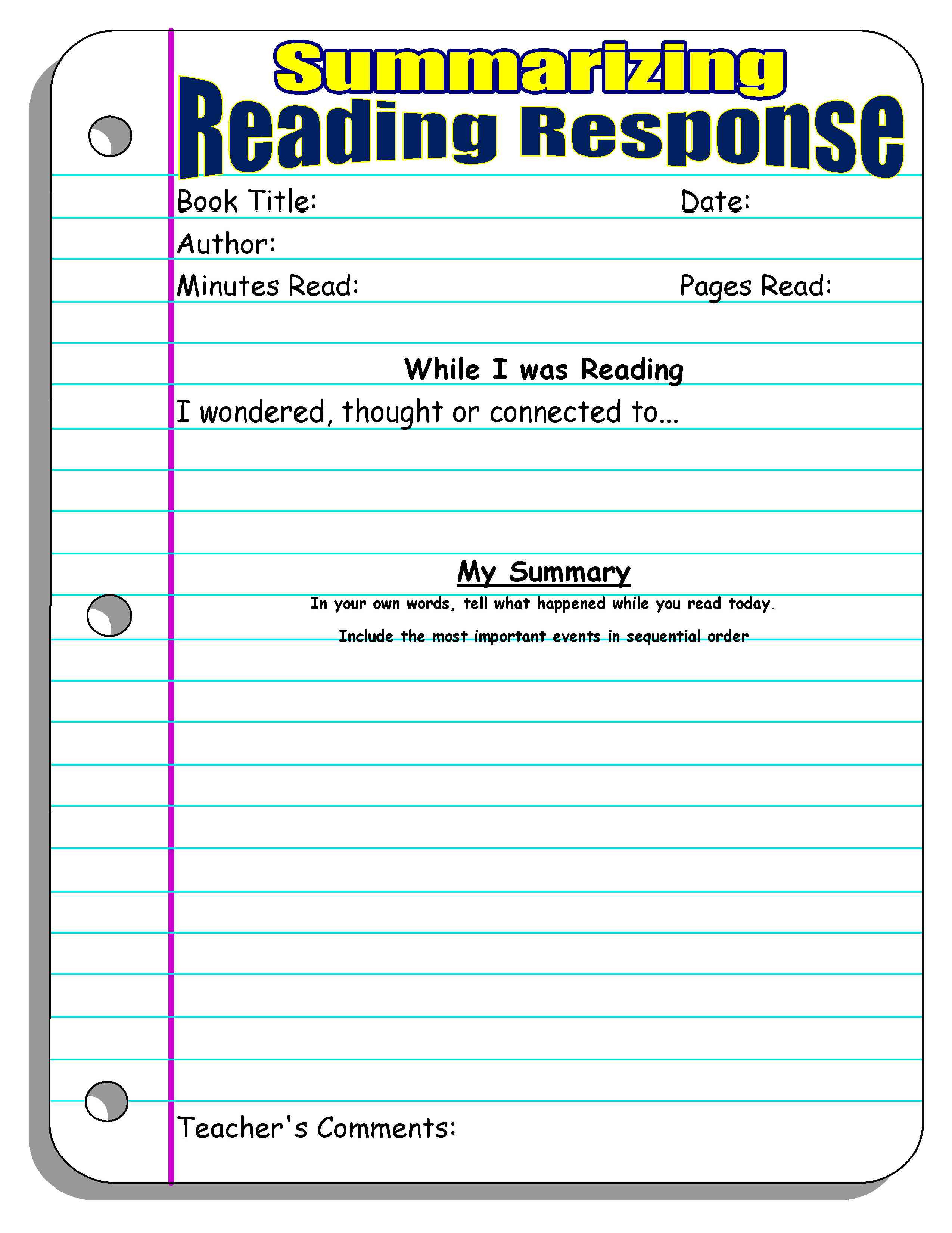 Summary Worksheets 5th Grade Reading Response forms and Graphic organizers