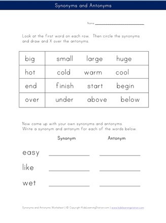 Synonyms Worksheet First Grade Antonym and Synonym Worksheet