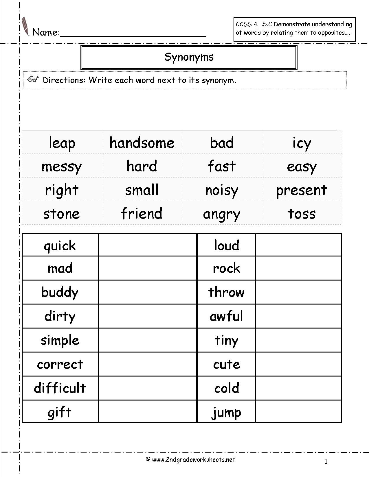 Synonyms Worksheet First Grade Synonyms and Antonyms Worksheets
