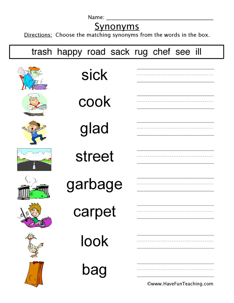 Synonyms Worksheet First Grade Synonyms Fill In the Blank Worksheet