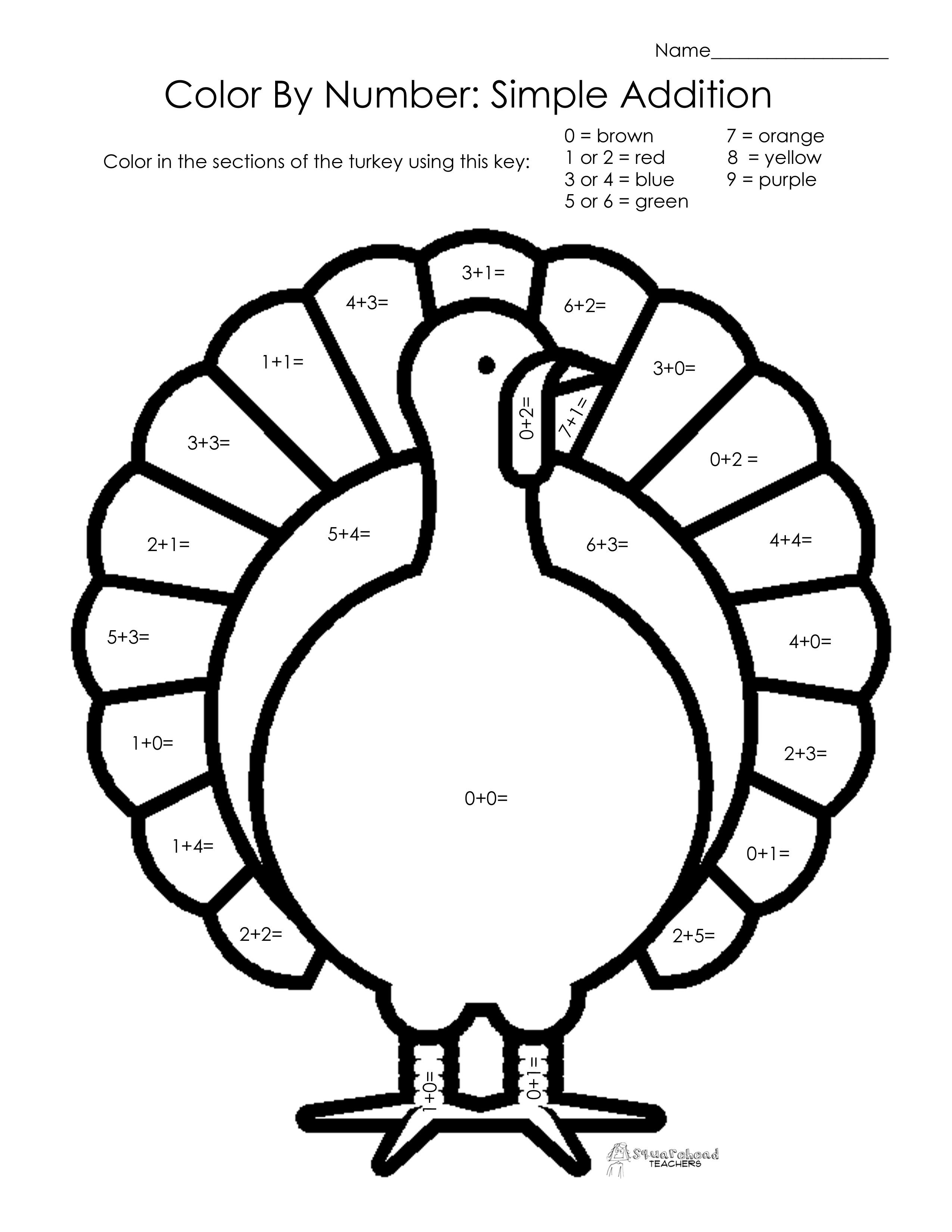 Thanksgiving Math Worksheets First Grade Thanksgiving Color by Number Simple Addition