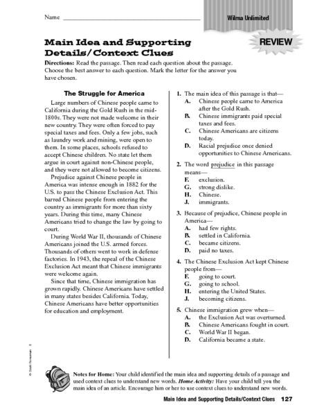 Theme Worksheets 5th Grade Main Idea Supporting Details and Context Clues Worksheet
