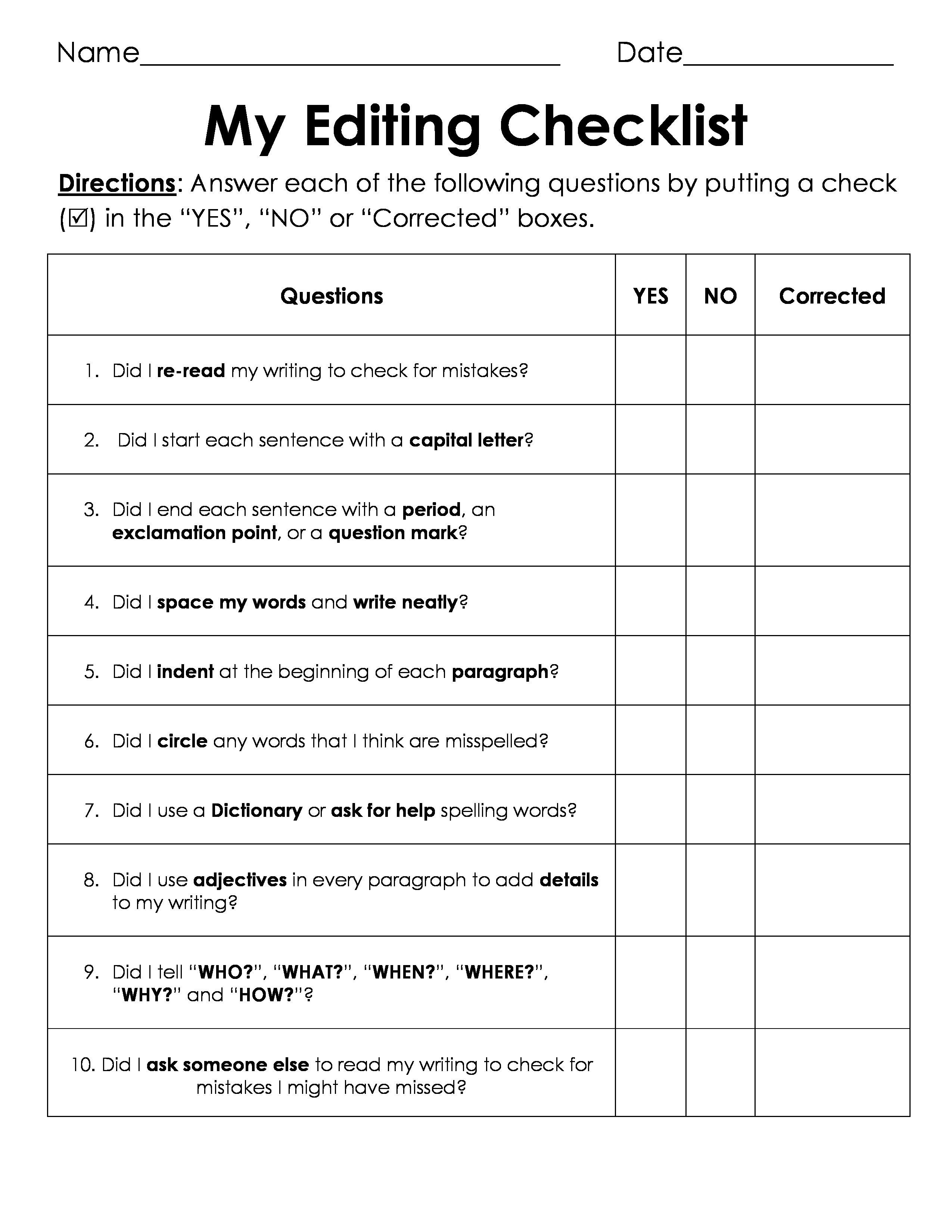 Third Grade Editing Worksheets Free My Editing Checklist 1 Sheet I Used This with My 3rd