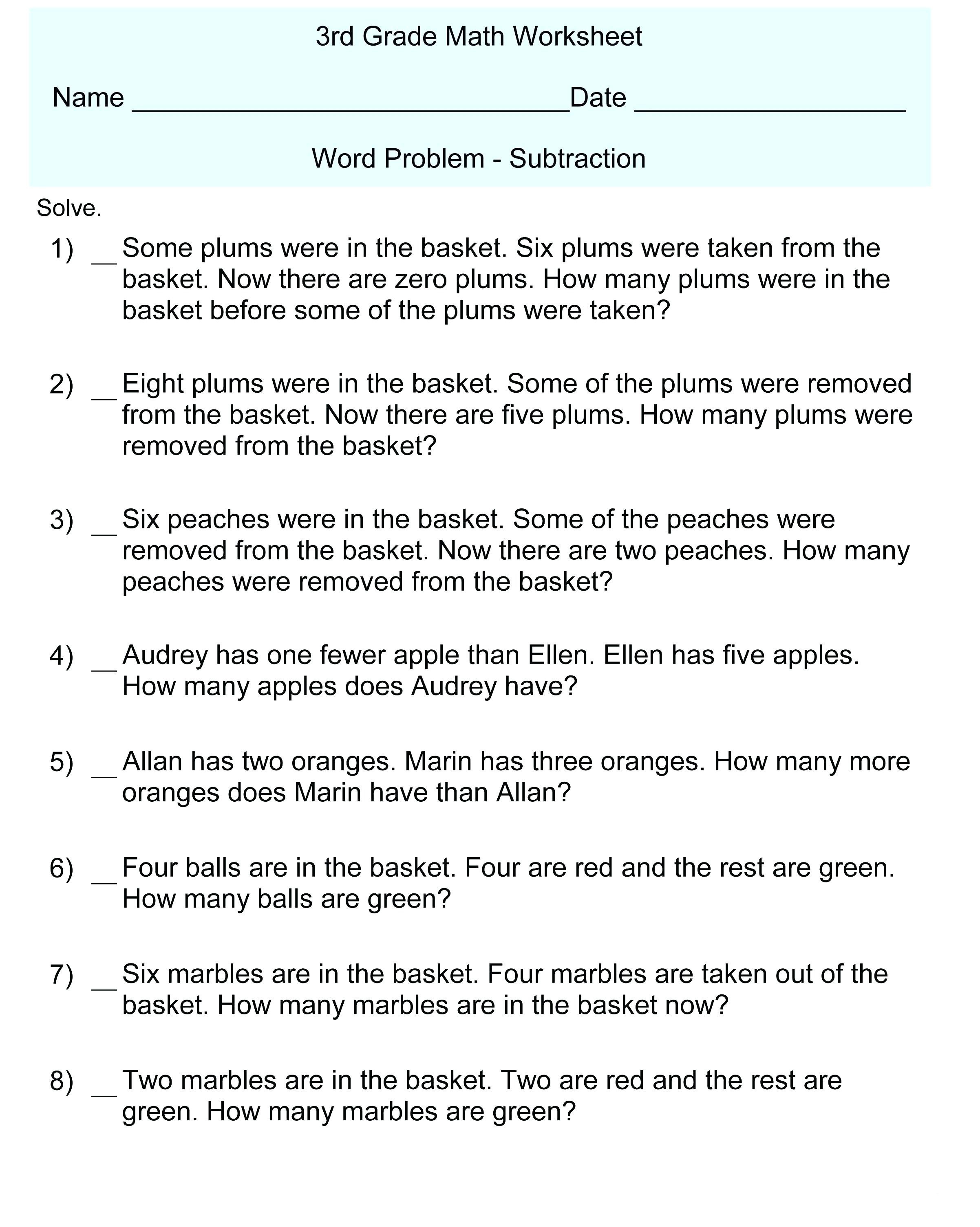 Third Grade Fraction Word Problems 3rd Grade Math Word Problems Best Coloring Pages for Kids