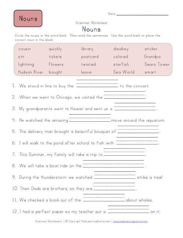Third Grade Grammar Worksheet Third Grade Noun Worksheet Blanks2
