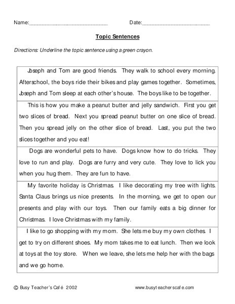 Topic Sentence Worksheets 3rd Grade topic Sentences Worksheet for 3rd Grade