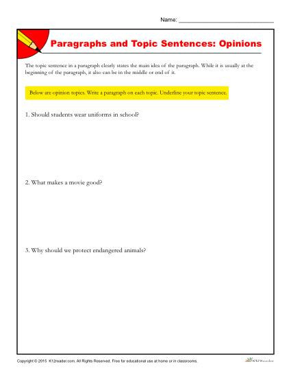 Topic Sentence Worksheets 4th Grade Paragraphs and topic Sentences Opinions