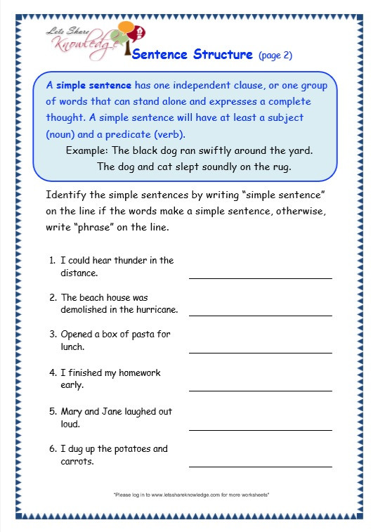 Topic Sentences Worksheets 3rd Grade Grade 3 Grammar topic 36 Sentence Structure Worksheets