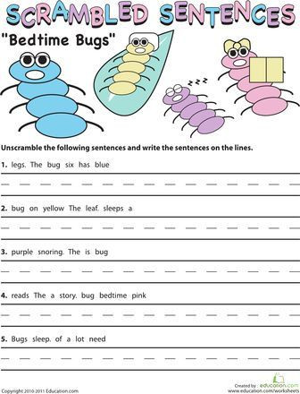 Unscramble Sentences Worksheets 1st Grade Scrambled Sentences Bedtime Bugs