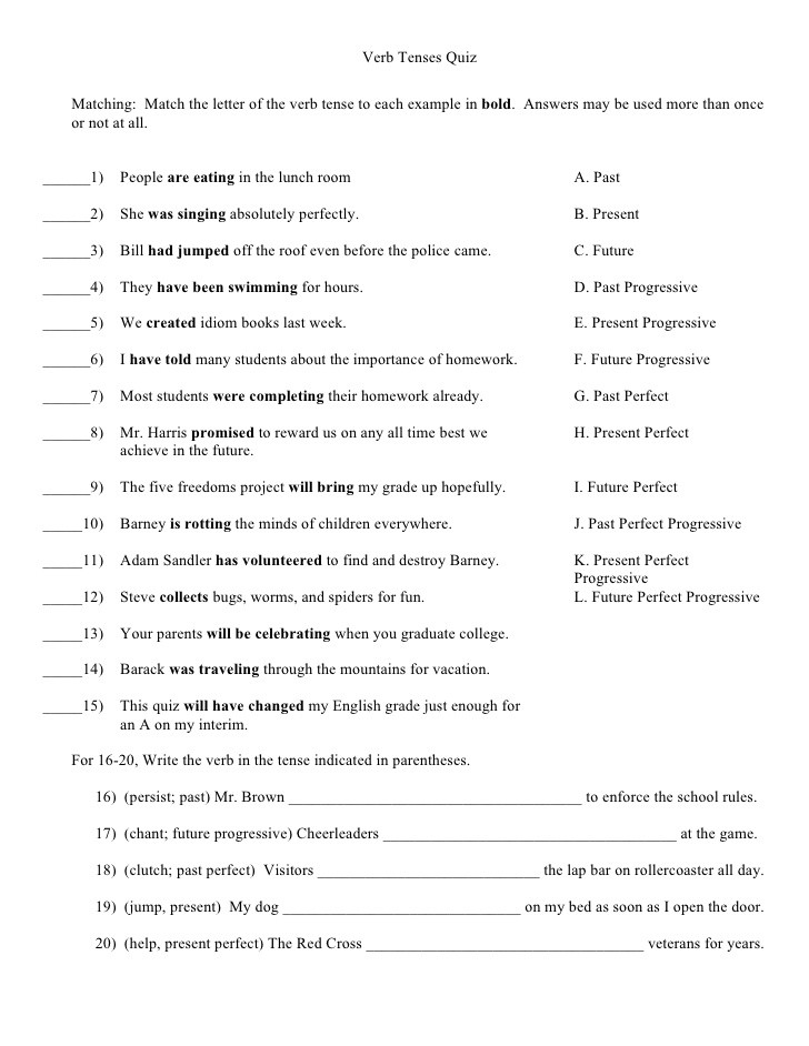 Verb Tense Worksheets 3rd Grade Verb Tense Quiz 1